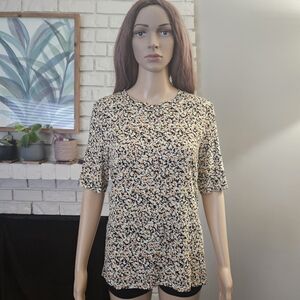 MSCH  Black Yellow Cream Top Short Sleeves Blouse Long Line Moss Copenhagen